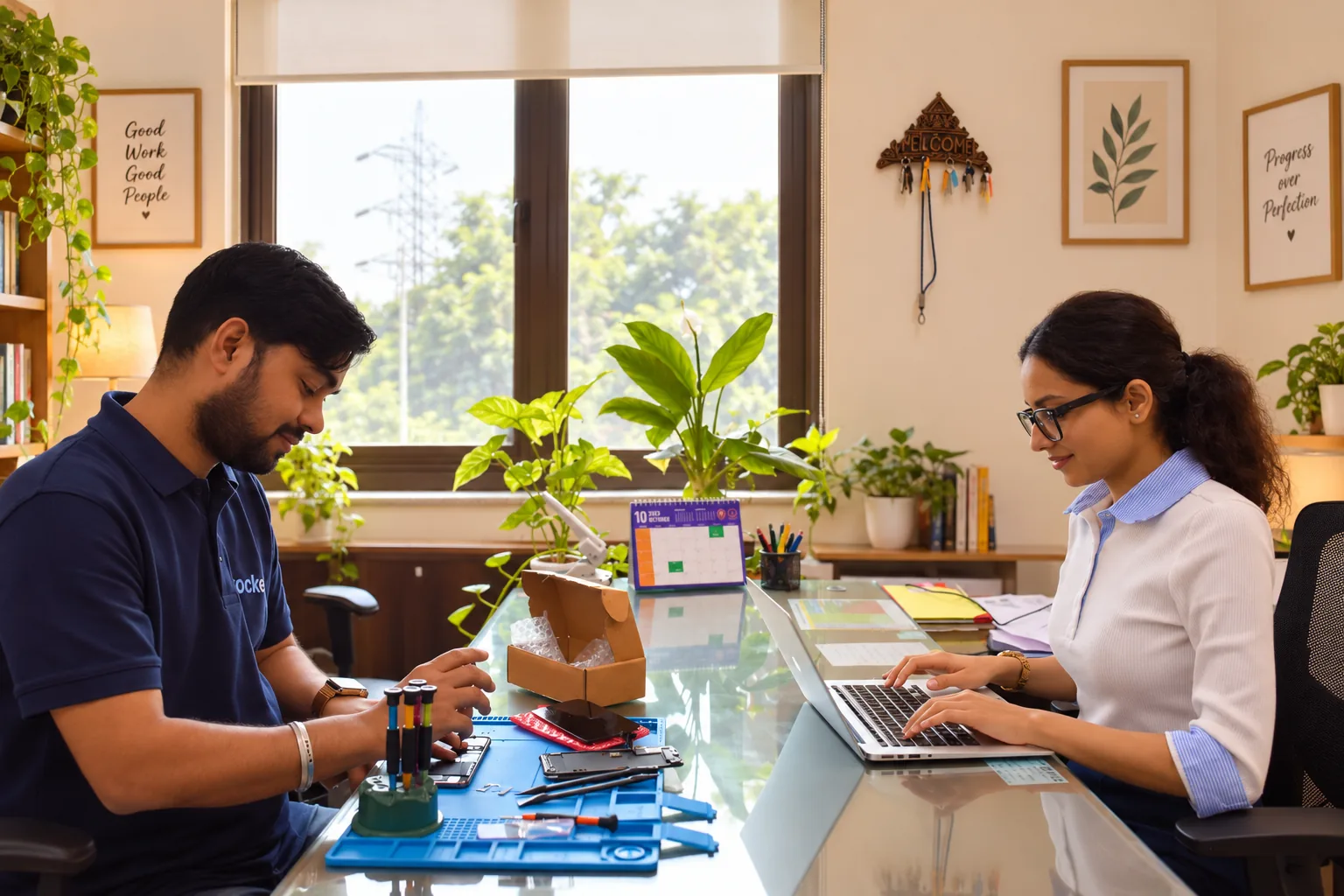 A technician repairing a laptop at an office desk