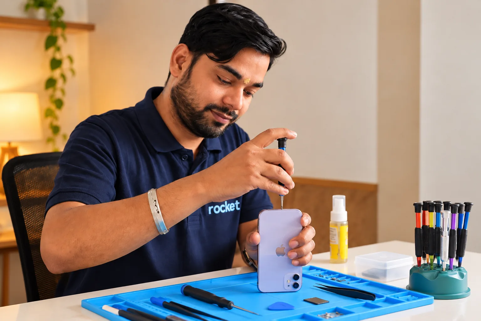 A technician repairing a phone at a customer's doorstep while the customer watches