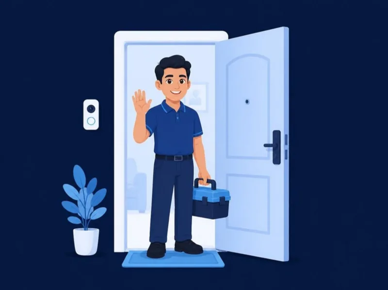 A technician waving at a front door
